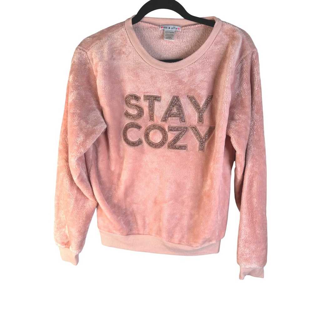 Em & Alfie Women's Pink Stay Cozy Glitter Faux Fur Plush‎ Sweatshirt Size Large